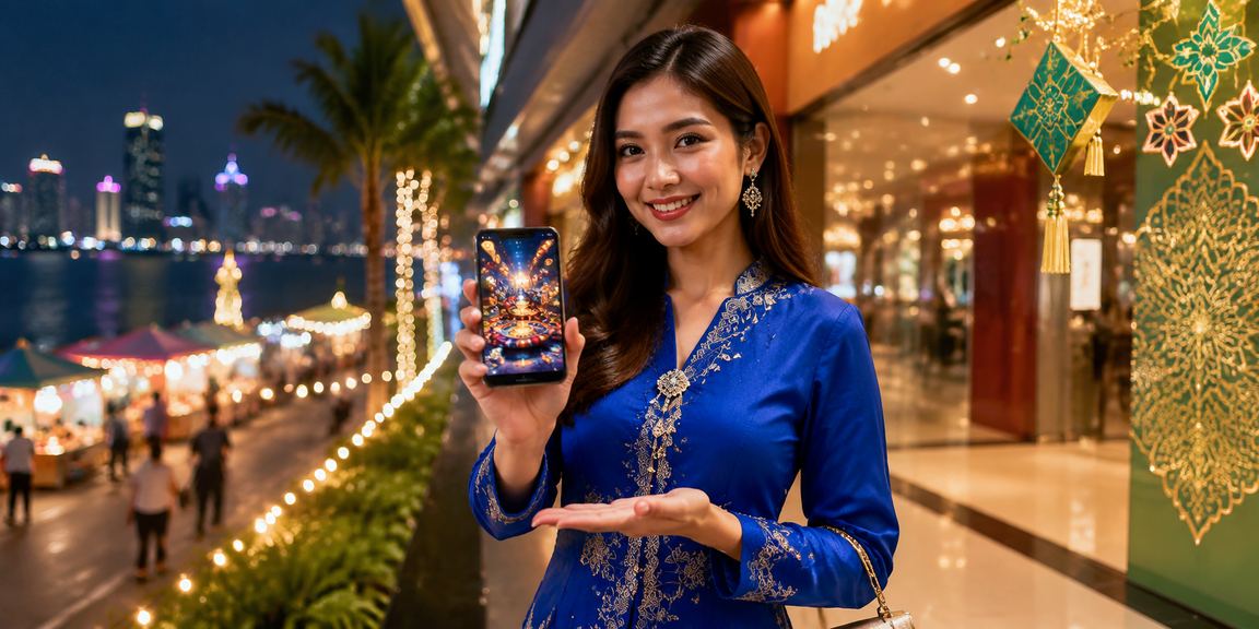 Pengguna wanita Johor dalam pakaian baju kurung mengakses rebat bonus platform playtech dengan selamat