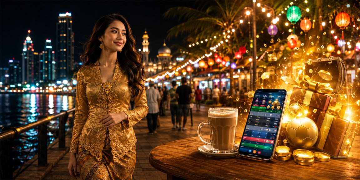 Pengguna Kuantan dalam pakaian kebaya mengakses platform playtech dengan bijak dan bertanggungjawab melalui telefon pintar
